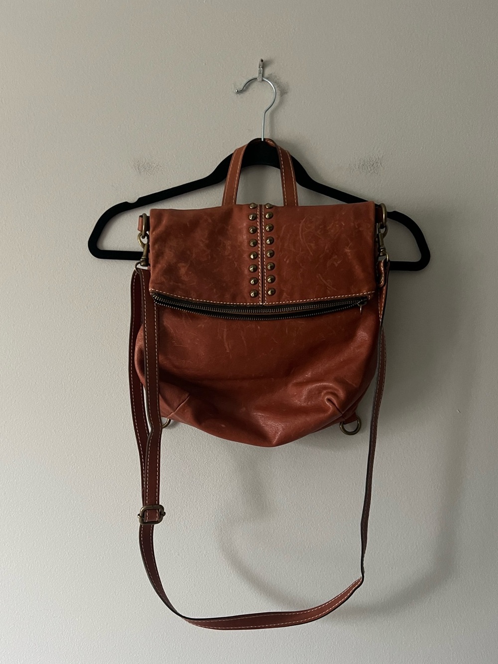 Patricia Nash Cognac Leather Foldover Crossbody Shoulder Bag Studded Leather
